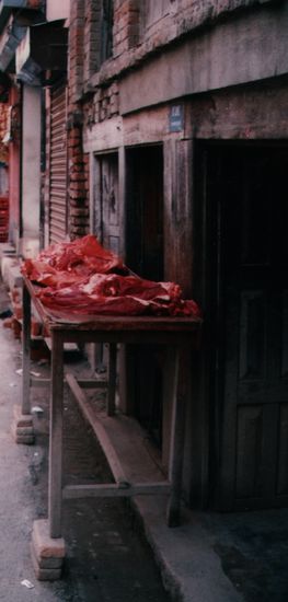 Auslage einer Metzgerei in Kathmandu (Die Aufnahme entstang gegen 10 Uhr früh, abends kam ich nochmal vorbei, unterdem Tisch schnarchte ein Hund). Fliegen waren überraschendweise kaum zu sehen.