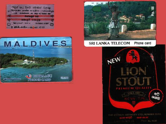 Auch ich war von der 1993 grassierenden Telephonkarten-Sammelwut erfaßt. (Li. oben eine Zugfahrkarte aus Sri Lanka, das Etikett einer Flasche von Stout, dem extrem dunklen Starkbier.)