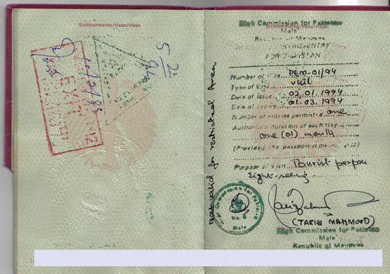 Visum Nr. 1/94 von der High Commission of Pakistan, Malé.