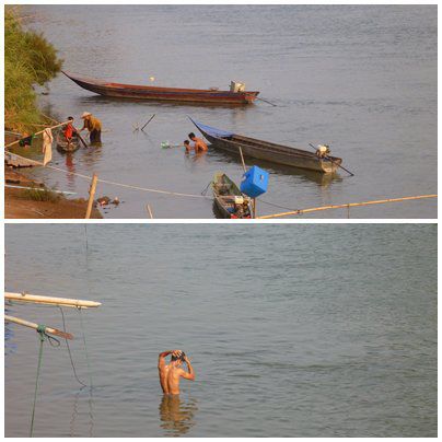 Auf unserer Terasse sind wir mittendrin im Leben der Einheimischen am Fluss.
Der Mekong als Badezimmer