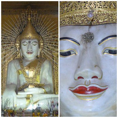 In der Kyauktawgyi Pagode ist der Buddha aus einem massiven Block Marmor auf den Hügel gebracht worden und mit einem aus vielen Diamanten bestehendem 3.Auge versehen