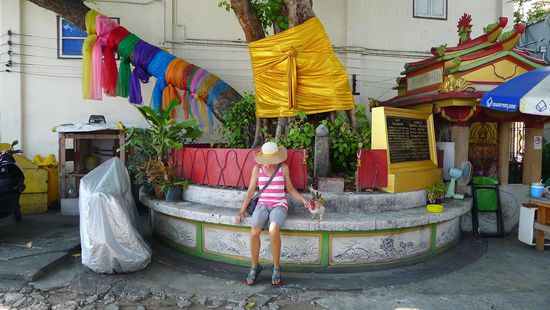 Kurzer Stopp in Bangkok und kurz kuscheln mit einem kleinen Hahn in einem der vielen Tempel