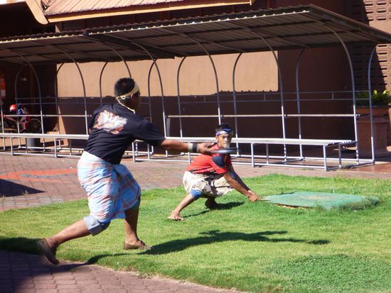 Eine wahnsinnige Geschicklichkeitsnummer: Gasing Uri. Ein Kreisel wird mit einem Seil drehend geworfen, der Partner fängt ihn auf einem Stock auf, der Kreisel muss sich möglichst lange auf dem Stock drehen. Ein beliebter Wettbewerb mehrerer Mannschaften