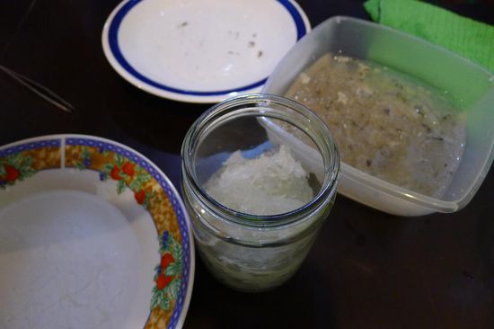 Die Besitzerin eines kleinen Lokals zeigte uns im Hinterzimmer die "Ernte" von Schwalbennestern, rechts noch ungesäubert im Wasser, in der Mitte die gewaschenen und gesäuberten Nester, bereit zum Suppe kochen
