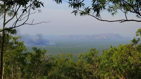 Von hier aus ein toller Blick bis zu den Hochebenen von Arnhem Land. 
Unten im Buschland lodern schon wieder die üblichen Feuer