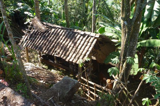 Auf dem Weg zum Pura Lempuyang. Am fast senkrecht abfallenden Steilhang klebt irgendwie ein Kuhstall. Keine Ahnung wie die Kühe da hin gebracht wurden