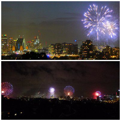 Das Familienfeuerwerk noch bei Dämmerung mit Skyline von Sydney, um Mitternacht dann eine volle Breitseite von 6 Feuerwerken (schaffte die Kamera nicht)