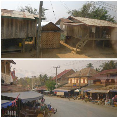 Auf der Fahrt nach Luang Prabang kommen wir durch viele kleine Orte die nur aus ein paar Holzhütten bestehen und einige grössere Orte mit regelrechten "Einkaufsstrassen"