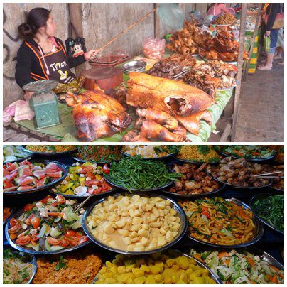 Buffet-Essen auf dem Nachtmarkt. Einmalig kann man sich soviel auf den Teller häufen wie man balancieren kann. Fleisch kostet extra, braucht man aber bei der Auswahl gar nicht