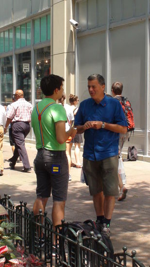 Mathias talks to a man about gay rights