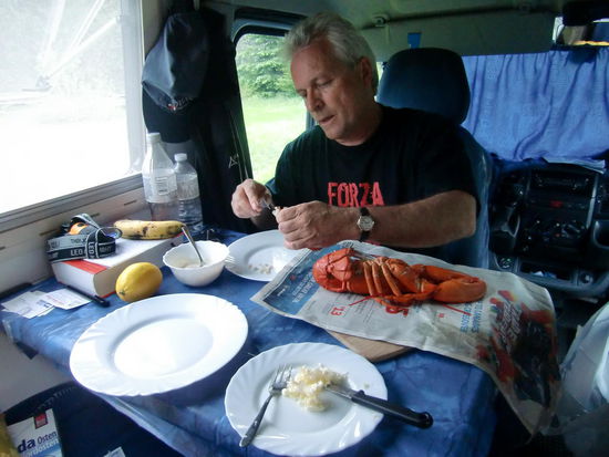 Hummeressen (Kilo für 8-10 Euro im Fischerdorf Alma gekauft) leider im Auto da wir im Fundy Nationpark von Mückchen belästigt wurden. Leider waren es zu viele um glücklich draußen zu essen. Abends konnten wir dann wieder nicht ins Freie: Stechmückenüberfall!
Wie schützen sich die kanadischen Straßenarbeiter vor den Stichen? Wir haben mit einem anderen deutschen Paar bei der Unterhaltung 
mit allen 8 Armen wie wild um uns geschlagen!