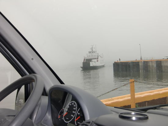 Unsere Fähre kommt zur Überfahrt ans Nordufer des St. Lorenz Stroms! Bis 6,40 m Länge PKW-Gebühr + 2 P. 80,50 (ca. 67 Euro)
Kurz nach dem Ablegen:
Gregor: Da ist ein Kopf im Wasser!
Edel: IIhh! Ein Toter?
Gregor: Nein - das ist eine Robbe!
Edel: Ha, ha, dann eher ein Baumstamm!
In diesem Moment erkannte auch ich den Kopf der Robbe als sie abtauchte!!!