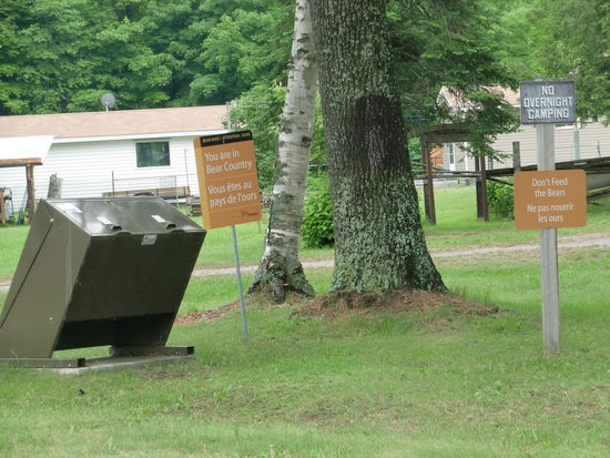 Direkt an der Strasse beim kleinen Markt in Iron Bridge diese bärensicheren Mülltonnen und die Hinweistafel: Don't feet the Bears!
Ich würde sie bestimmt nicht füttern, aber gerne mal sehen!!!
Habe ich sie bis Alaska nicht gesehen, werde ich sie mit unserem gekauften Topf Honig anlocken!!!