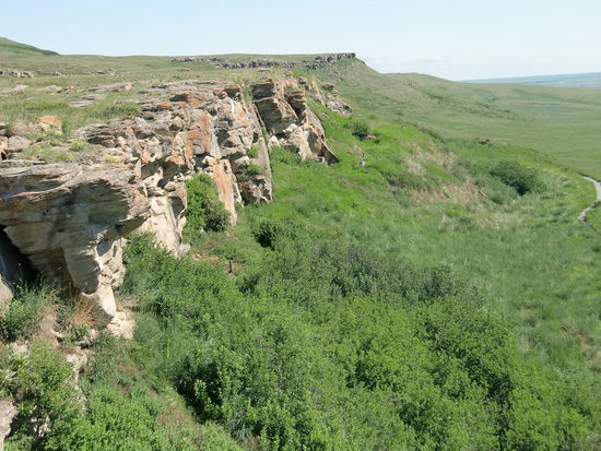 Wieder ein brütend heißer Tag in Head-Smashed-In. Hier haben die Indianer damals nach einem ausgeklügeltem System die Bisons über die Klippen fallen lassen.
Im Museum fanden wir den Film sehr informativ, der genau nachstellte wie die Indianer damals die Bisons 'ausgetrickst' hatten, damit sie auf die Felsen zuliefen.