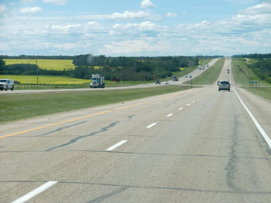 Richtung Dawson Creek: Wie der Name Grande Prairie schon vermuten ließ - keine Berge mehr. Viel Landwirtschaft; häufig Anbau von Raps.