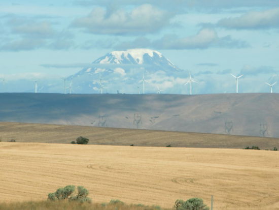 Vorne Getreidefelder und auch hier gibt es Windparks - leider vor dem schönen Blick auf einen Vulkan