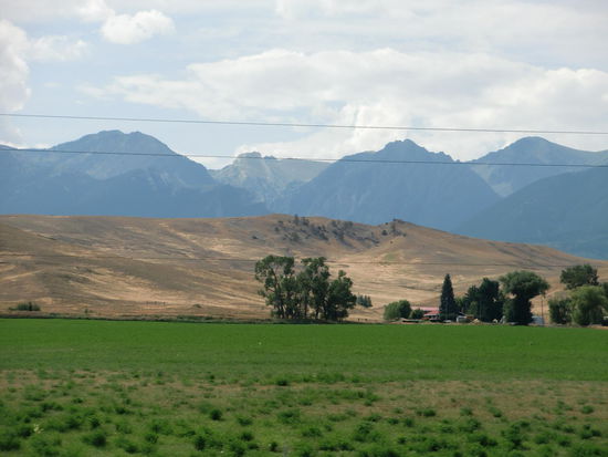 Im Hintergrund die Berge in Richtung Yellowstone NP und vorne die saftig grüne bewässerte Wüste