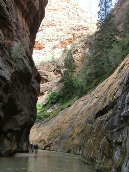 Gregor ging noch ein Stück weiter und sah dann, daß man ab jetzt ständig durch den Fluss gehen mußte. Wir kehrten um!
Gut so, denn später erst las ich, daß man den Weg bis zu einem Seitenfluss gehen kann und dafür ständig durchs Wasser laufen muß und 2 Std. dafür braucht!
Man kann auch weiter gehen - aber dann kann es sein daß man bis zur Brust durchs Wasser waten muss.