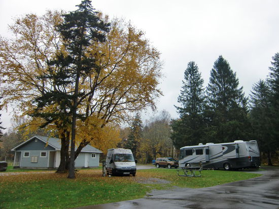 Auf dem Campground im Fundy NP
Nachdem wir die Wäsche waschen konnten kamen wir selbst dran! Danach wollten wir  den schönen sonnigen Herbsttag genießen!
Gregor kam langsam und gebückt vom Duschen zurück: Hexenschuss!
Das hat uns noch gefehlt - kurz vorm Ende der Reise!
Wenn Gregor sich den Nerv einklemmt hilft nur noch  der Notarzt!
Diesmal ging  es glimpflich ab mit einigen Diclofenac-Tabletten und ABC-Salbe!
Gregor hat jetzt Duschverbot:
' Lieber schmutzig und gesund, als sauber und krank!'
Die Frau aus dem großen Wohnmobil neben uns erzählte Gregor daß sie eigentlich hier aus der Gegend stammen; aber jahrelang in Texas gewohnt hätten. Jetzt fahren sie umher und haben sich für nächsten Sommer ein Haus bei Moncton gemietet: 'Ein neues Leben beginnt!' sagte sie!
Jeder hat andere Vorstellungen vom Leben und wie er es leben will!
Die Saison ist hier schon richtig zu Ende! Wir waren froh, daß der Fundy NP noch einen kleinen Teil seiner Anlage geöffnet hatte. Mit uns standen nur noch 3 Reisemobile hier.
Und wir haben wieder einmal Riesenglück mit dem Wetter!
Trotz Regen ist es nicht besonders kalt. Wir haben 18-20 Grad im Auto und brauchen keine Heizung! Das ist schon ungewöhnlich hier um diese Zeit!