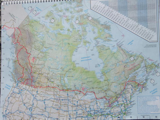 Das war der Anfang!
Rechts auf der Karte sieht man unseren Startpunkt Halifax.
Dann sind wir durch die Prärie Kanadas nach Westen gefahren und hoch nach Alaska.
An der Küste wieder durch Kanada nach Süden um in die USA zu kommen.