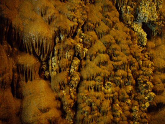 Stalaktiten, deren Kalzitstrukturen an Korallen erinnern, in der Ali-Sadr-Höhle.