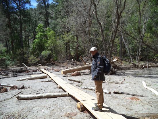 Wir mußten über einen jetzt ausgetrocknetes Bachbett über einen Holzsteg zur anderen Seite hinübergehen und von dort aus ging es zurück zum Visitor-Center. 
Von dort aus fuhren wir noch rund 60 km bis Bloomfield, wo wir in einem kleinen Trailerpark einen Platz für die Nacht fanden. 
199. Tag - Freitag, der 9.5.2014 - Durango - 
Heute Morgen fuhren wir dann zu den Aztec-Ruinen. Auch hier gibt es wieder Ausgrabungen ehemaliger Wohnstätten aus der Anasazikultur. 
Mit unserem Paß kamen wir dann auch umsonst rein, wir schauten uns den Film über die Anlage an und dann gings zu Fuß in die Ausgrabungsstätte.