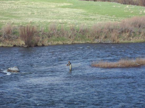 der Angler steht mitten im Fluß - 
Ob wohl ein Fisch angebissen hat ?