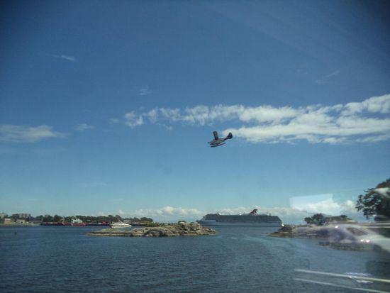 Die Wasserflugzeuge starten und landen schnell hinter einander. Ein riesige Kreuzfahrtschiff steht auch wieder dort. So haben wir viel zu beobachten.