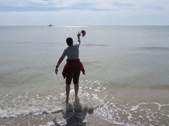 zurück mit dir ins kühle Naß - 
Da war ja Tierfreunde sind, schmeiße ich die Muscheln wieder ins Wasser, damit sie nicht am Strand sterben.