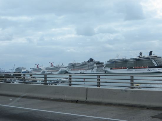 Wir fahren am Hafen vorbei, hier liegen fünf riesige Kreuzfahrtschiffe.