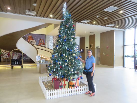 Im Hotel ist ein riesiger Plastikweihnachtsbaum aufgebaut. Wir gehen aber erst mal in die Stadt.