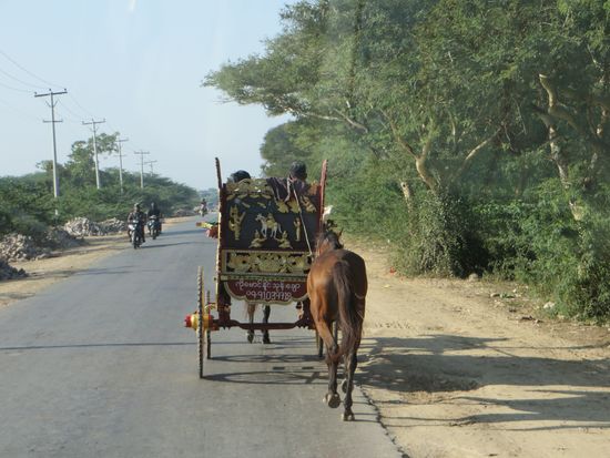 unterwegs ein Leichenwagen, schön mit goldenen Ornamenten geschmückt.