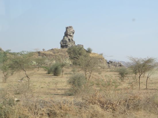 Es ist alles ziemlich trocken und eine Steinformation ragt aus der trockenen Wüste Thar  heraus.