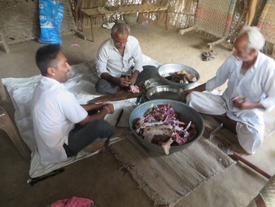 Zwei Ziegen waren geschlachtet worden und die Männer bereiteten das Fleisch für den großen Kochtopf vor. Am Abend gab es dann das geschmorte Fleisch mit Kartoffeln und Gemüse, sehr lecker. Wir saßen dann noch ein wenig am Feuer, ehe wir ins Bett gingen.
