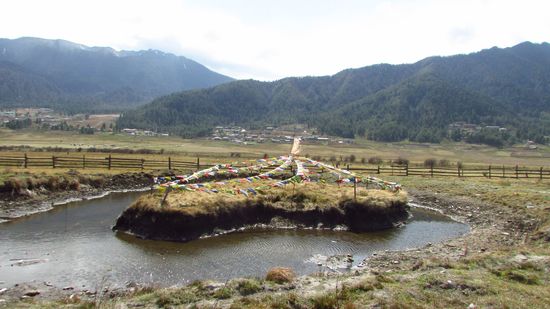 Bunte Gebetsfahnen auf einer kleinen Insel in einem Teich, ein heiliger Ort.