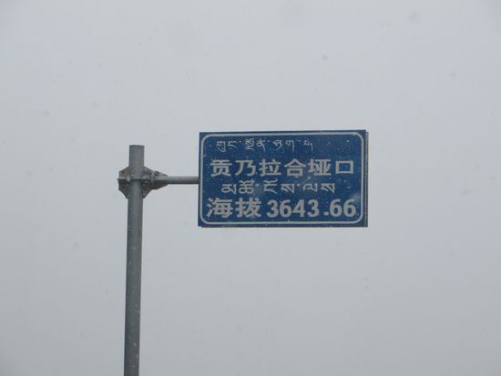 Wir fahren immer weiter bergauf, jetzt gibt es Nebel, Regen und sogar Schnee, wir tasten uns langsam voran und erreichen die Paßhöhe von 3.643 m.