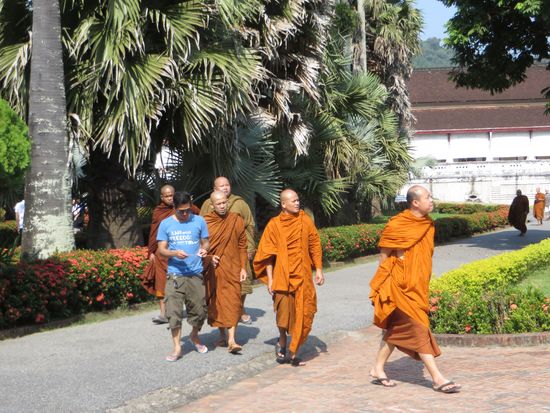 Mönche eilen mit Riesenschritten herbei, um in den Tempel zu gehen.