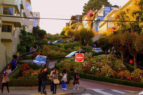 Die kurvenreichste Straße der Welt: die Lombard Street. 
Einst war sie eine der steilsten Straßen der Stadt mit einem Gefälle von 27 Prozent, was für viele Autos und auch Fußgänger problematisch war. Daher wurde sie 1923 in Serpentinenform als Einbahnstraße umgebaut. 
Die nur zwei Blocks entfernt liegende Filbert Street hat sogar ein Gefälle von 31,5 Prozent!