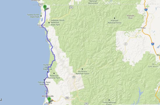 Unsere heutige Strecke von Arcata zur Smith River Recreation Area - 90 Meilen