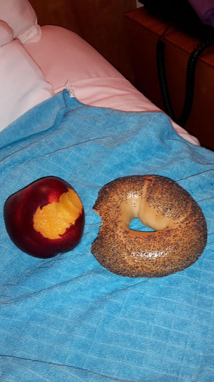 Ein sehr frugales Mal: Poppybagel und eine Nektarine.