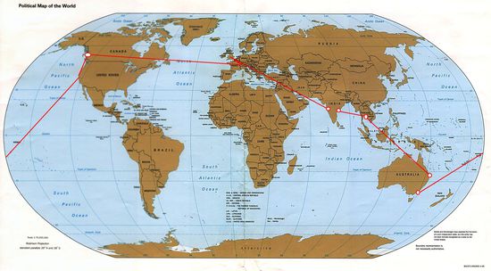 Flugroute (oder zumindest was die Tickets behaupten). Die Reisedaten sind immer änderbar, Indien und Australien werden wir wohl per Land durchqueren.