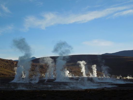 Morgendliche Rauchsäulen auf dem Geysirfeld