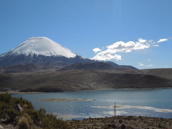 Im Hintergrund der Vulkan Parinacota; vorn glitzert der Lago Chungara