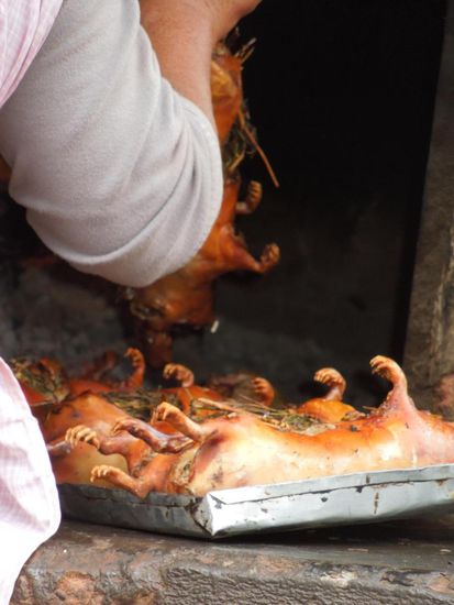 Unterwegs nach Cusco machten wir Mittagsstopp bei einer Cuyeria ... knuspriges Meerschwein aus dem Ofen gab's 