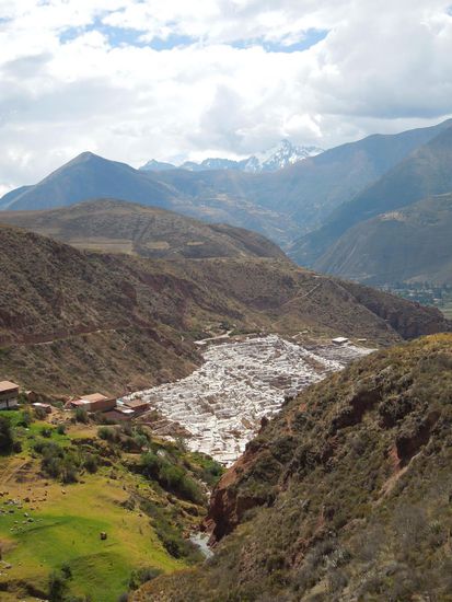 Wie ein Wespennest kleben die Salzterrassen am Hang.