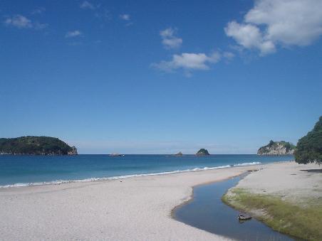 Traumhafter Beach in Hahei, Ausgangspunkt fuer den trek zur Cathedral Cove. Hier haben wir auch uebernachtet - im Auto- und Kaelte und Unbequemlichkeit waren wie weggeblasen, als wir mit dieser Sicht und Sonne am naechsten Morgen geweckt wurden