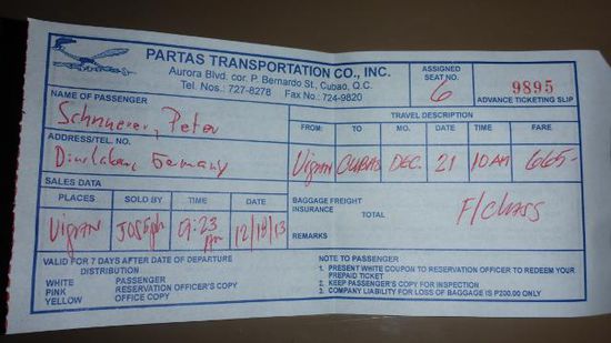 Und damit ich nicht vergesse, das ich auch mal weiter muß, habe ich mir schon mal einen guten Sitzplatz im Bus nach Manila gebucht. Dann kann nichts mehr schiefgehen und ich kann am 21.12 in Manila mit Willi auf Ninas (29+1ten) Geburtstag anstoßen