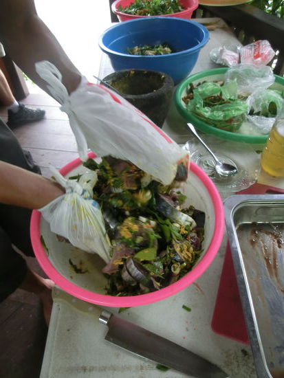Alle drei Portionen mit der Chilipaste vermischen. Hier bitte Handschuhe tragen. Plastiktüten gehen aber auch ...