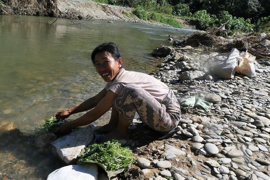 sie wäscht irgendein Gemüse oder Kraut