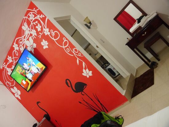 Die Straße, die nach Rio Lagartos führt heißt "Route Flamingo", der ganze Ort schmückt sich mit den schönen Vögeln. Überall an Hauswänden sind sie zu sehen und sogar in unserem Hotelzimmer ... zum Glück auch draußen in der Lagune!